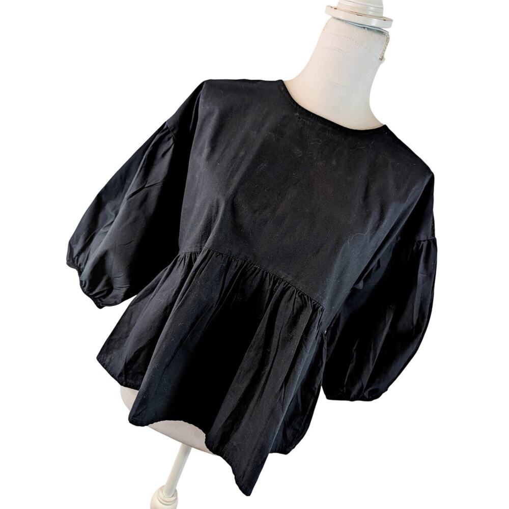 BANANA REPUBLIC! BLACK 100% FINE COTTON POUF SLEEVE, SKIRTED TOP, BLOUSE! SZ XS